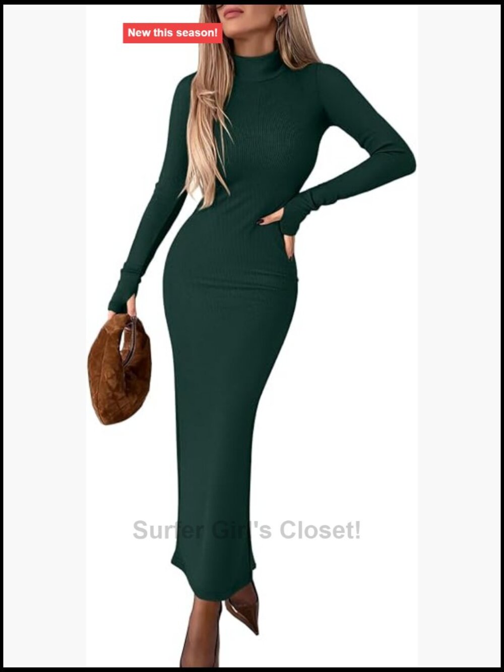 Women's Long Sleeve Bodycon Maxi Dress Mock Neck Slit Ribbed Knit